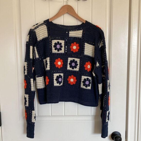 En Creme Womens Crochet Patchwork Crop Cardigan‎ Size L Navy Orange Cottagecore - Picture 9 of 10